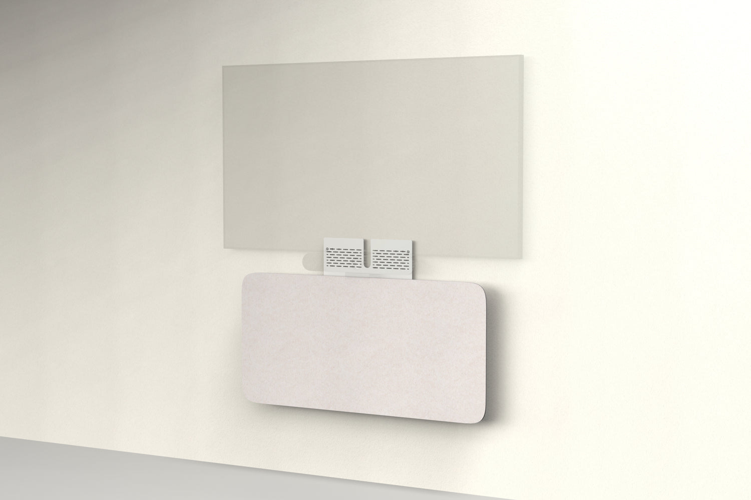 Heckler Credenza Neo in Latte — wall-mounted AV credenza with latte tan acoustic felt panel concealing components below a display.