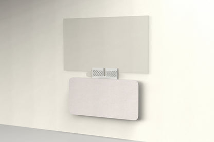 Heckler Credenza Neo in Latte — wall-mounted AV credenza with latte tan acoustic felt panel concealing components below a display.