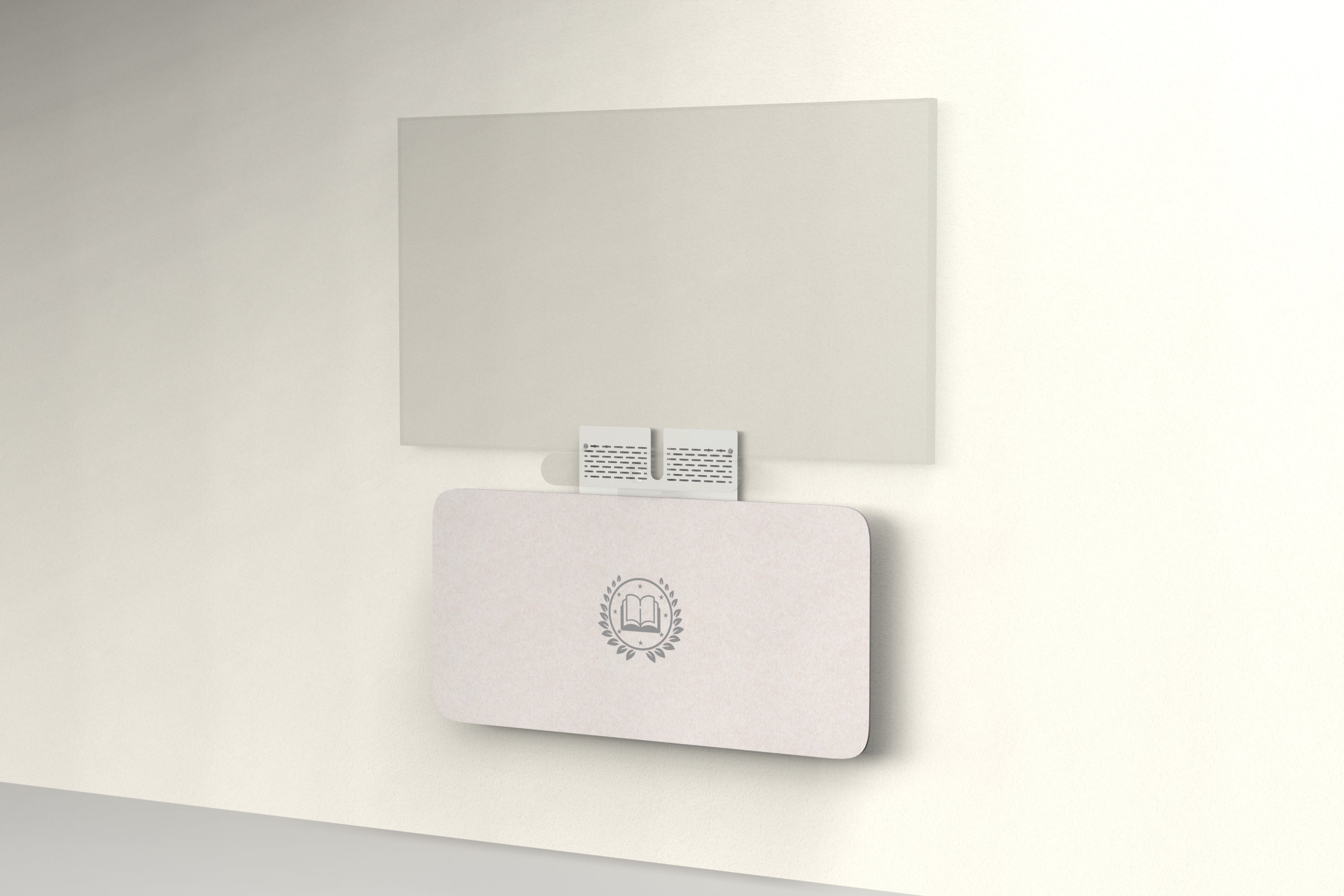 Heckler Credenza Neo in Latte with custom logo — wall-mounted AV credenza with branded latte tan acoustic felt panel concealing components below a display.
