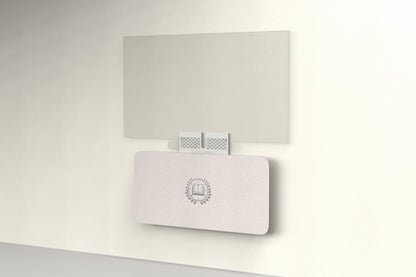 Heckler Credenza Neo in Latte with custom logo — wall-mounted AV credenza with branded latte tan acoustic felt panel concealing components below a display.