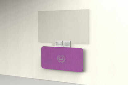 Heckler Credenza Neo in Lavender with custom logo — wall-mounted AV credenza with branded lavender acoustic felt panel concealing components below a display.