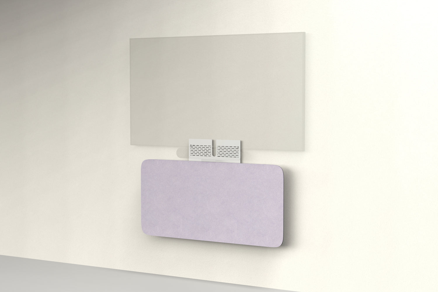 Heckler Credenza Neo in Lilac — wall-mounted AV credenza with lilac acoustic felt panel concealing components below a display.
