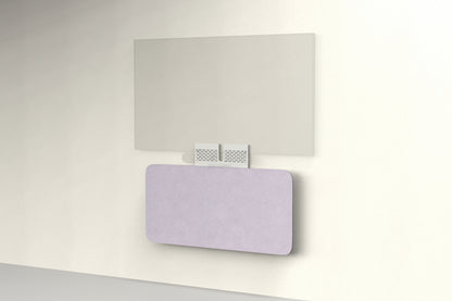 Heckler Credenza Neo in Lilac — wall-mounted AV credenza with lilac acoustic felt panel concealing components below a display.