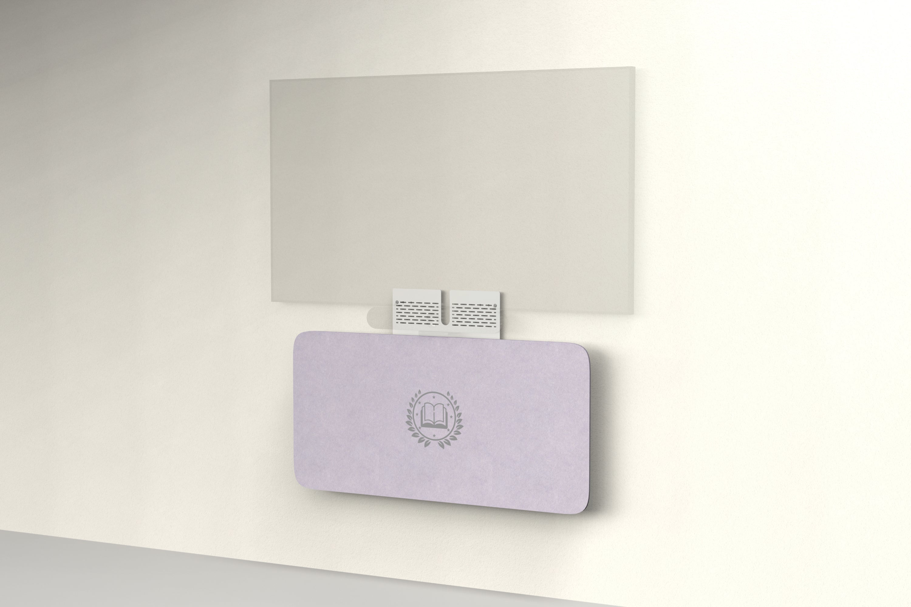 Heckler Credenza Neo in Lilac with custom logo — wall-mounted AV credenza with branded lilac acoustic felt panel concealing components below a display.