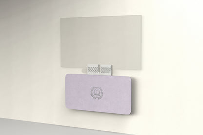 Heckler Credenza Neo in Lilac with custom logo — wall-mounted AV credenza with branded lilac acoustic felt panel concealing components below a display.