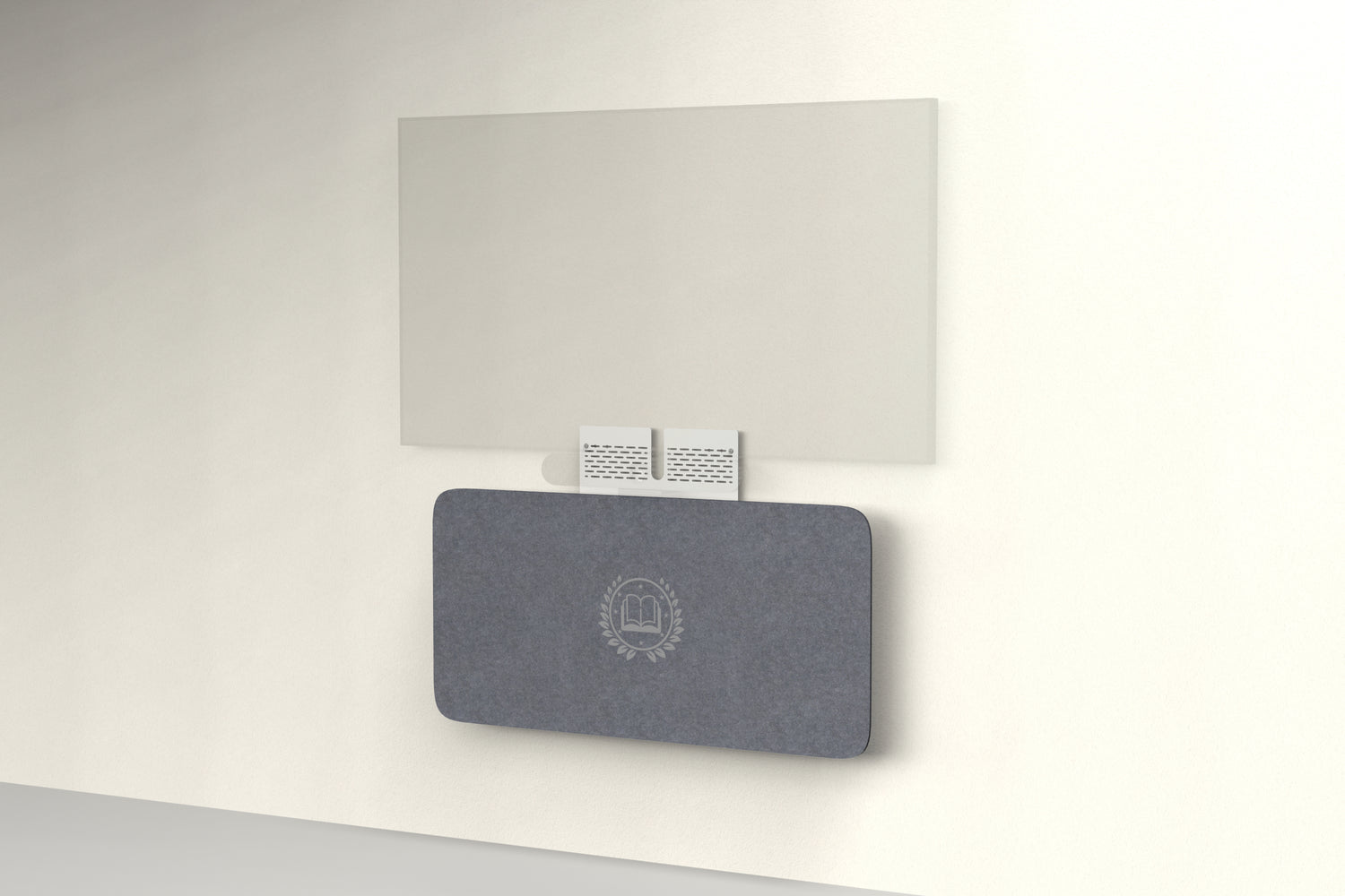Heckler Credenza Neo in Mineral with custom logo — wall-mounted AV credenza with branded mineral gray acoustic felt panel concealing components below a display.