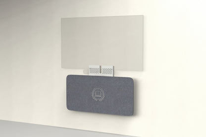 Heckler Credenza Neo in Mineral with custom logo — wall-mounted AV credenza with branded mineral gray acoustic felt panel concealing components below a display.