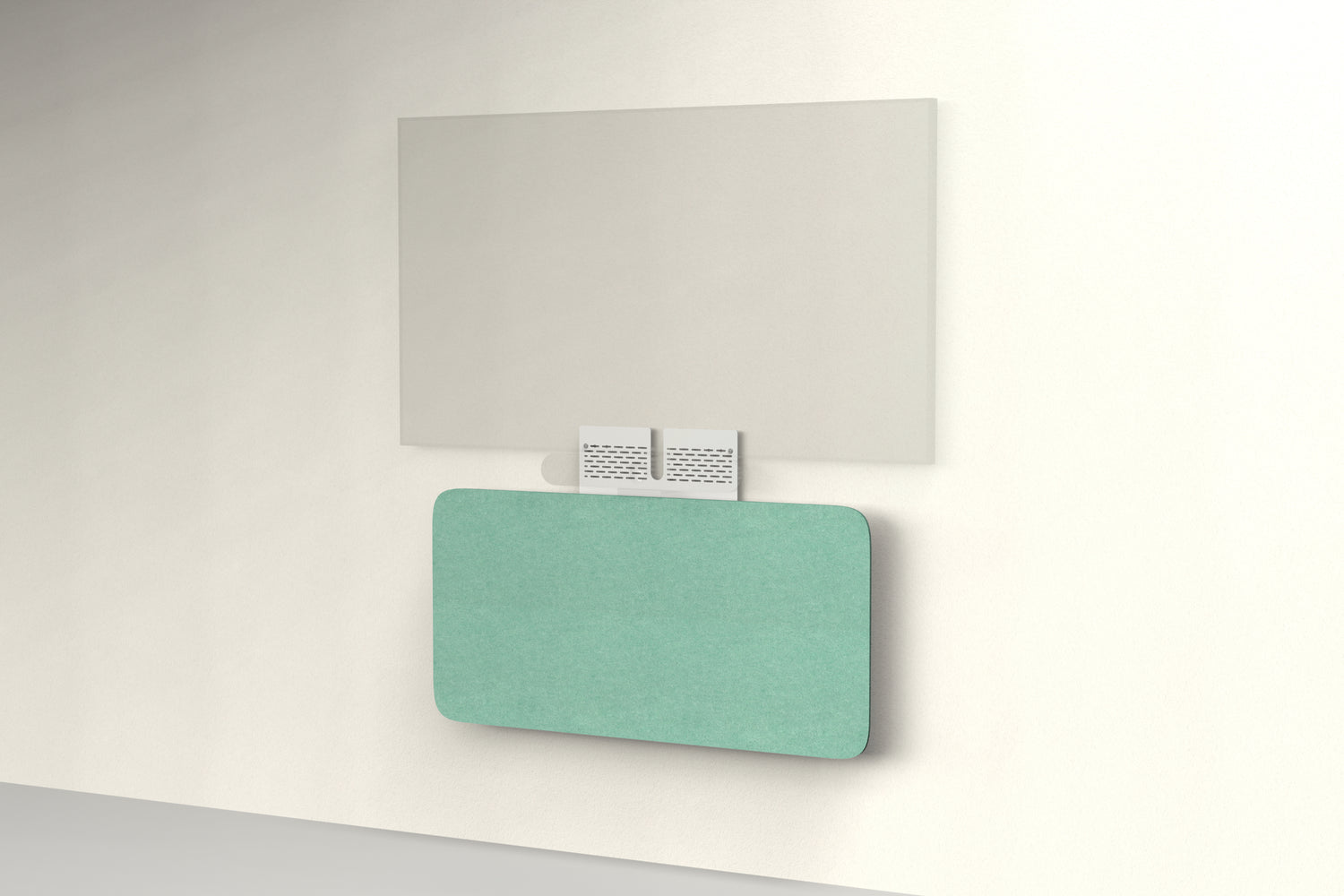 Heckler Credenza Neo in Mint — wall-mounted AV credenza with mint green acoustic felt panel concealing components below a display.
