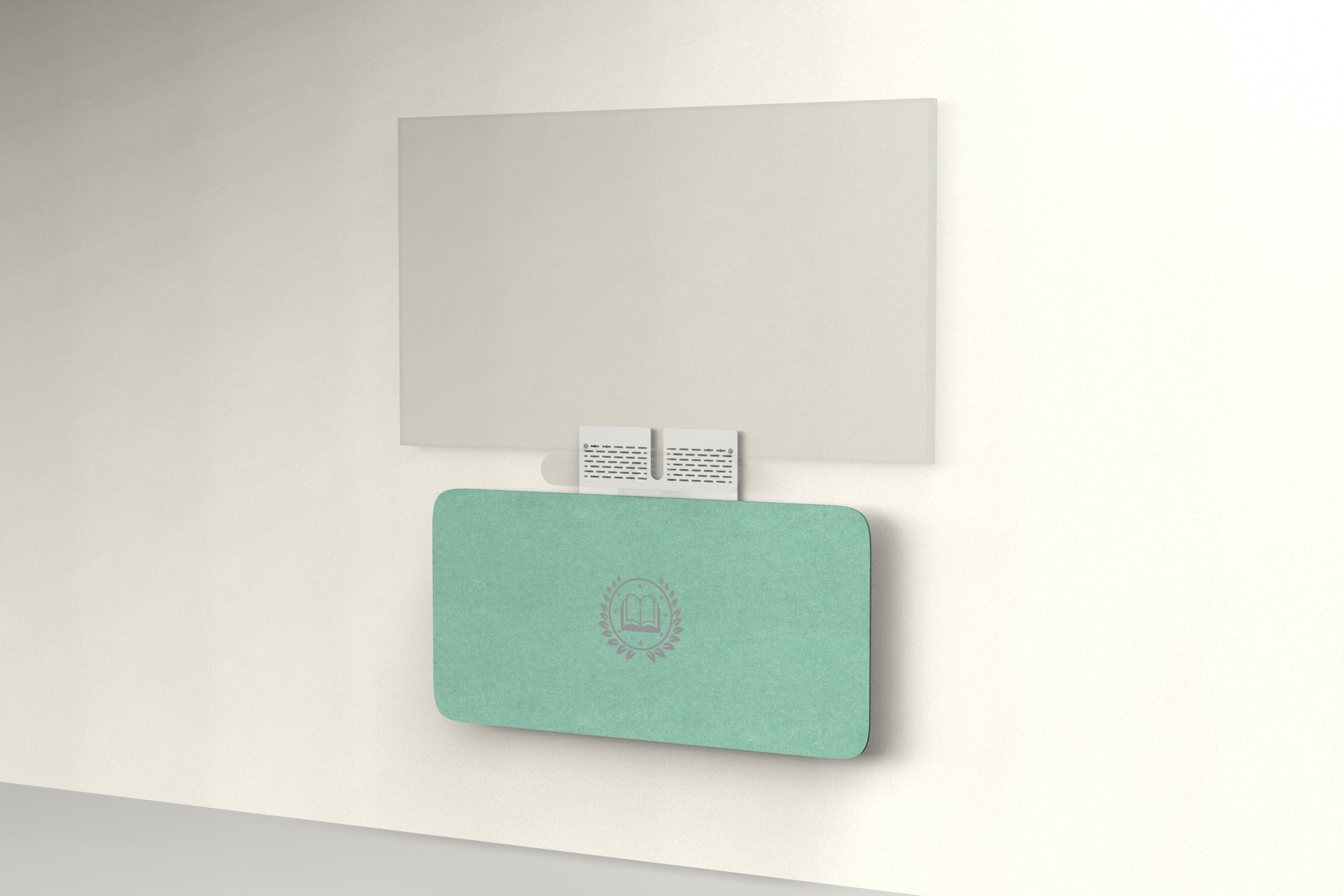 Heckler Credenza Neo in Mint with custom logo — wall-mounted AV credenza with branded mint green acoustic felt panel concealing components below a display.