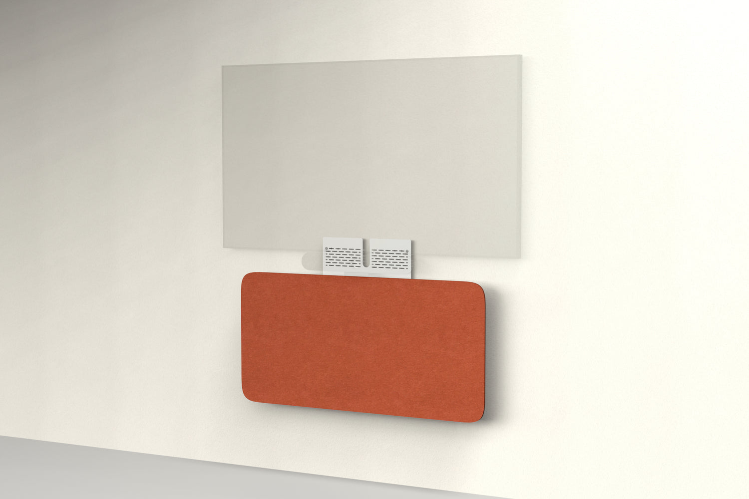 Heckler Credenza Neo in Moab — wall-mounted AV credenza with terracotta rust acoustic felt panel concealing components below a display.