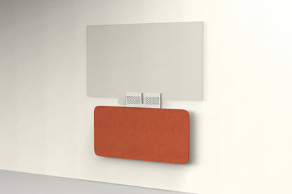 Heckler Credenza Neo in Moab — wall-mounted AV credenza with terracotta rust acoustic felt panel concealing components below a display.