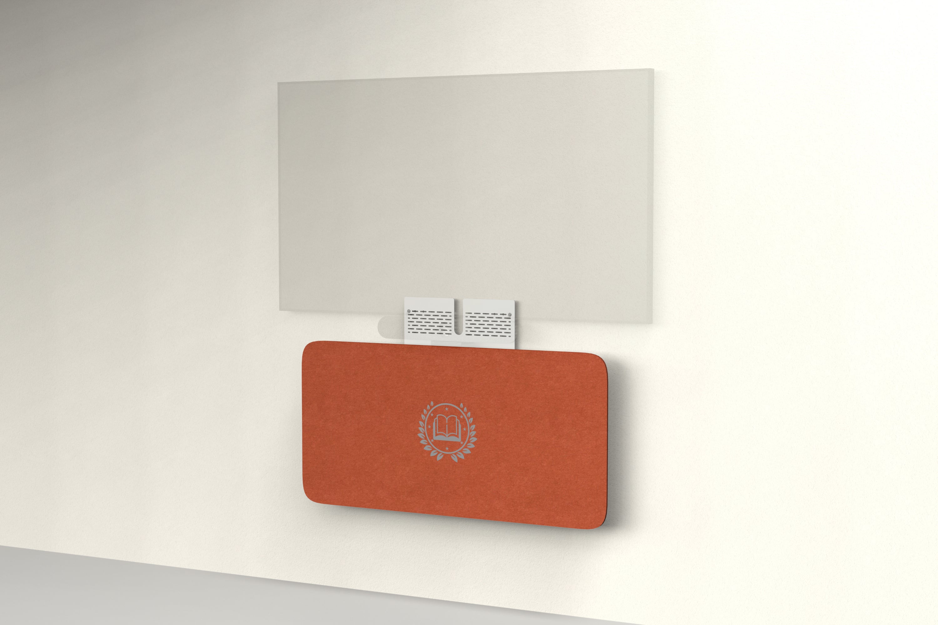 Heckler Credenza Neo in Moab with custom logo — wall-mounted AV credenza with branded terracotta rust acoustic felt panel concealing components below a display.