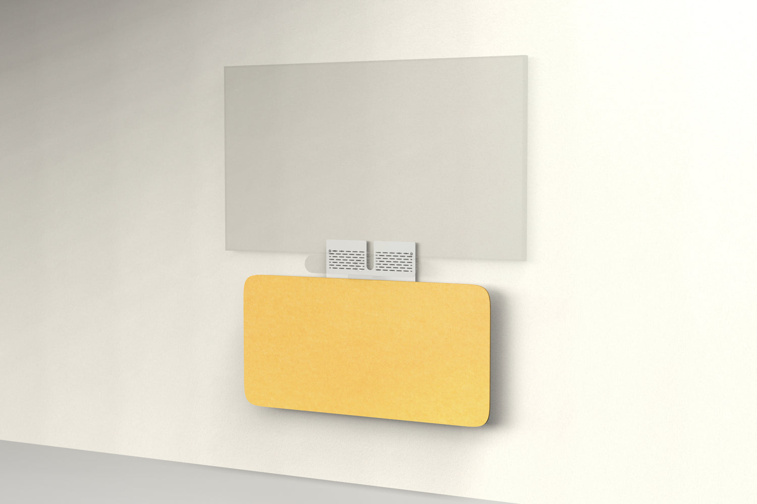 Heckler Credenza Neo in Mustard — wall-mounted AV credenza with mustard-yellow acoustic felt panel concealing components below a display.