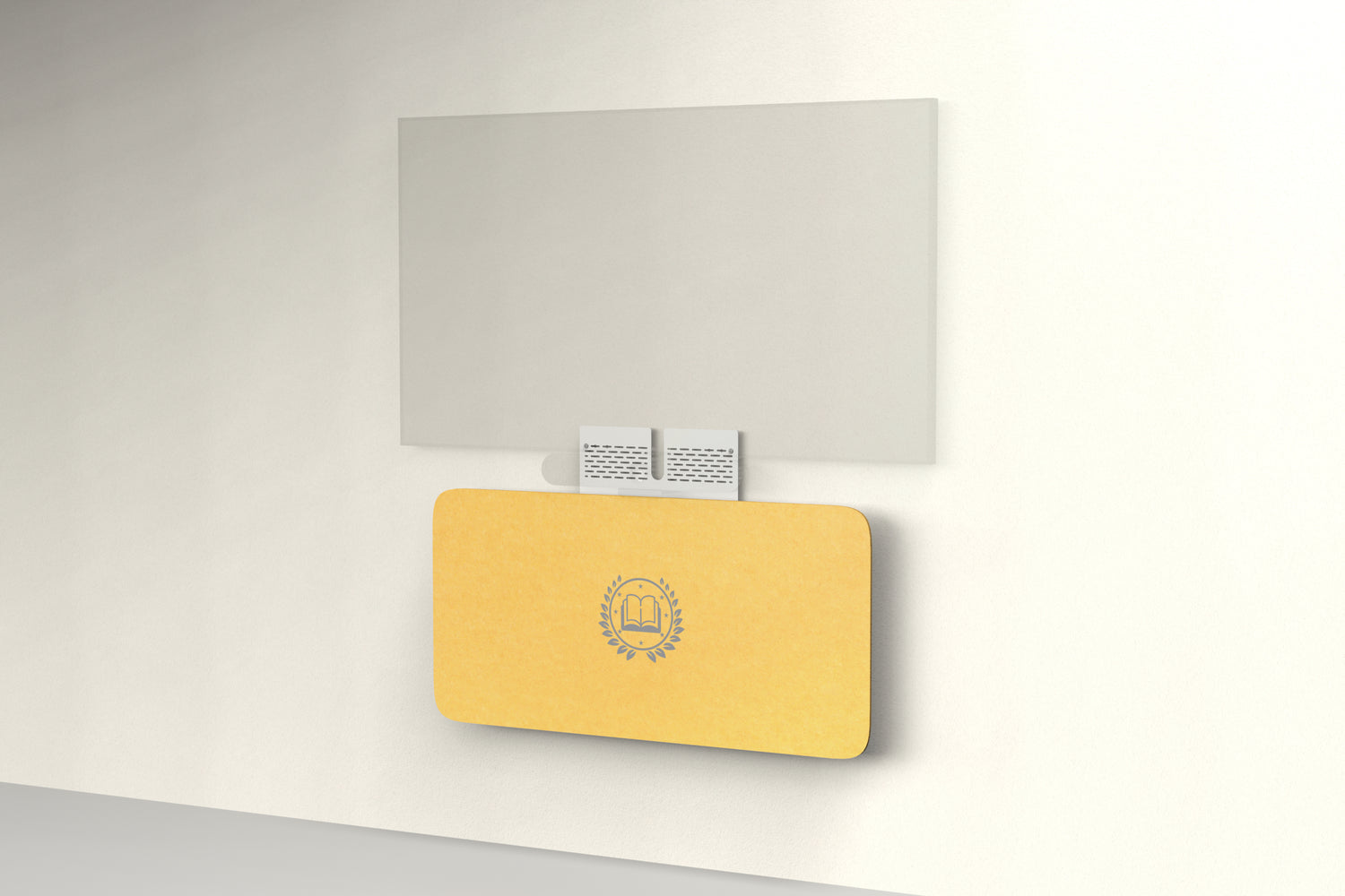 Heckler Credenza Neo in Mustard with custom logo — wall-mounted AV credenza with branded mustard-yellow acoustic felt panel concealing components below a display.