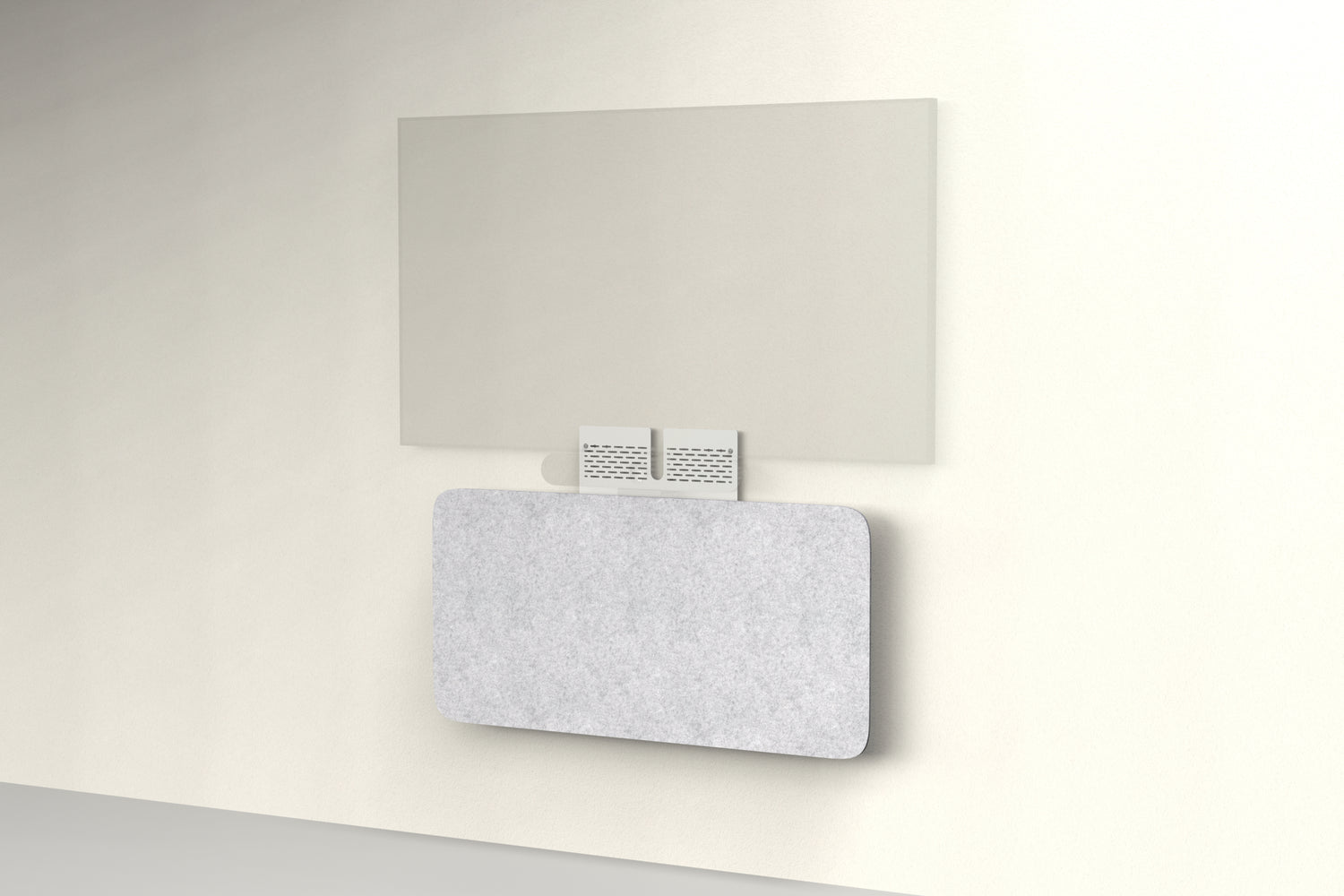Heckler Credenza Neo in Nickel — wall-mounted AV credenza with nickel silver acoustic felt panel concealing components below a display.