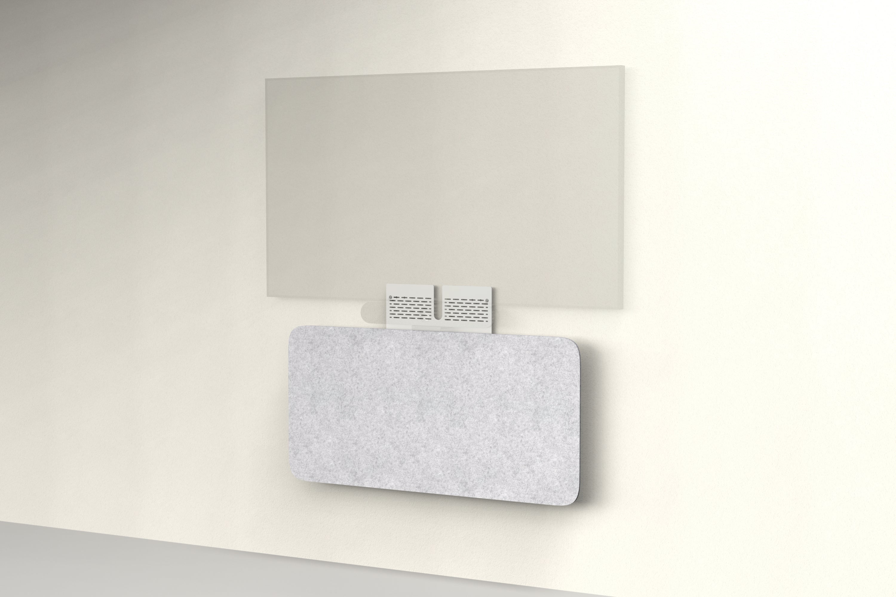 Heckler Credenza Neo in Nickel — wall-mounted AV credenza with nickel silver acoustic felt panel concealing components below a display.