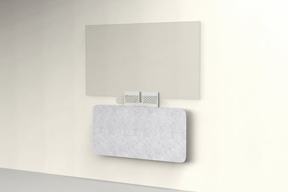 Heckler Credenza Neo in Nickel — wall-mounted AV credenza with nickel silver acoustic felt panel concealing components below a display.