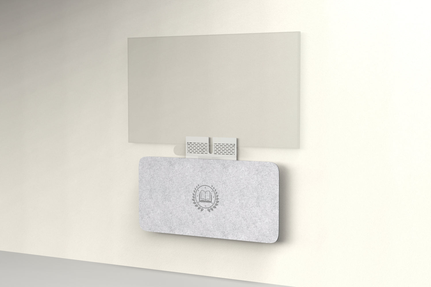 Heckler Credenza Neo in Nickel with custom logo — wall-mounted AV credenza with branded nickel silver acoustic felt panel concealing components below a display.
