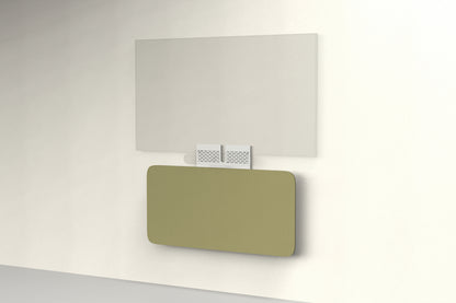 Heckler Credenza Neo in Olive — wall-mounted AV credenza with olive green acoustic felt panel concealing components below a display.