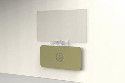 Heckler Credenza Neo in Olive with custom logo — wall-mounted AV credenza with branded olive green acoustic felt panel concealing components below a display.