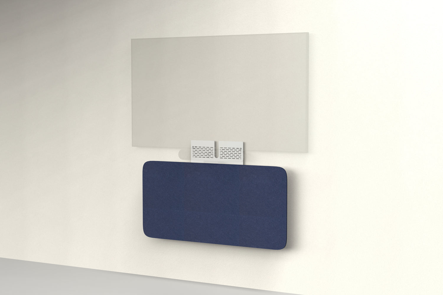 Heckler Credenza Neo in Oxford — wall-mounted AV credenza with oxford blue acoustic felt panel concealing components below a display.