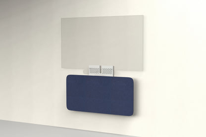 Heckler Credenza Neo in Oxford — wall-mounted AV credenza with oxford blue acoustic felt panel concealing components below a display.
