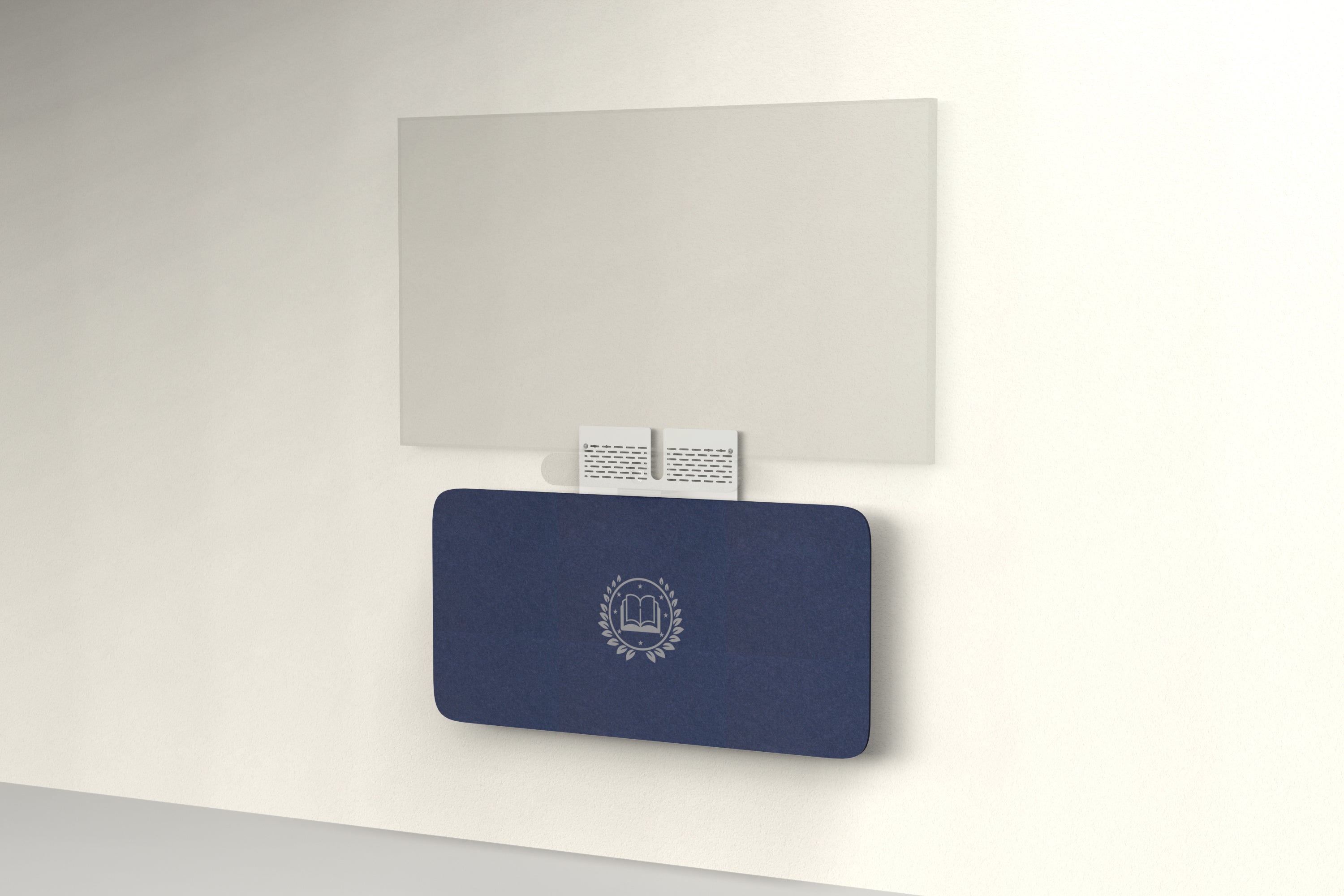 Heckler Credenza Neo in Oxford with custom logo — wall-mounted AV credenza with branded oxford blue acoustic felt panel concealing components below a display.