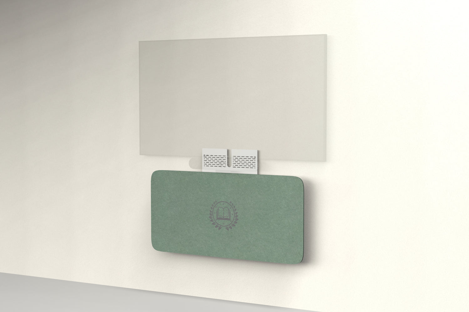 Heckler Credenza Neo in Palm with custom logo — wall-mounted AV credenza with branded deep palm green acoustic felt panel concealing components below a display.