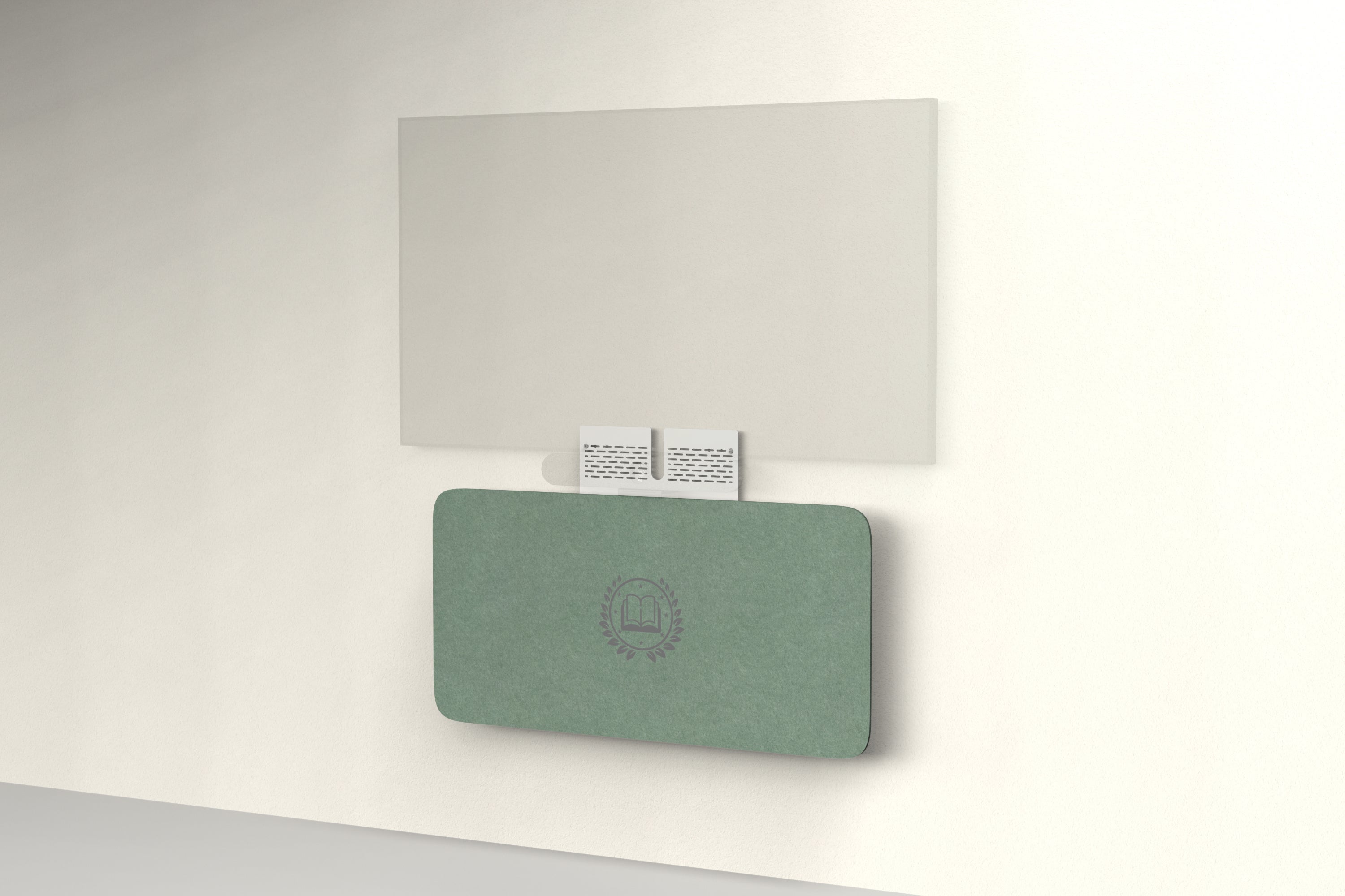 Heckler Credenza Neo in Palm with custom logo — wall-mounted AV credenza with branded deep palm green acoustic felt panel concealing components below a display.