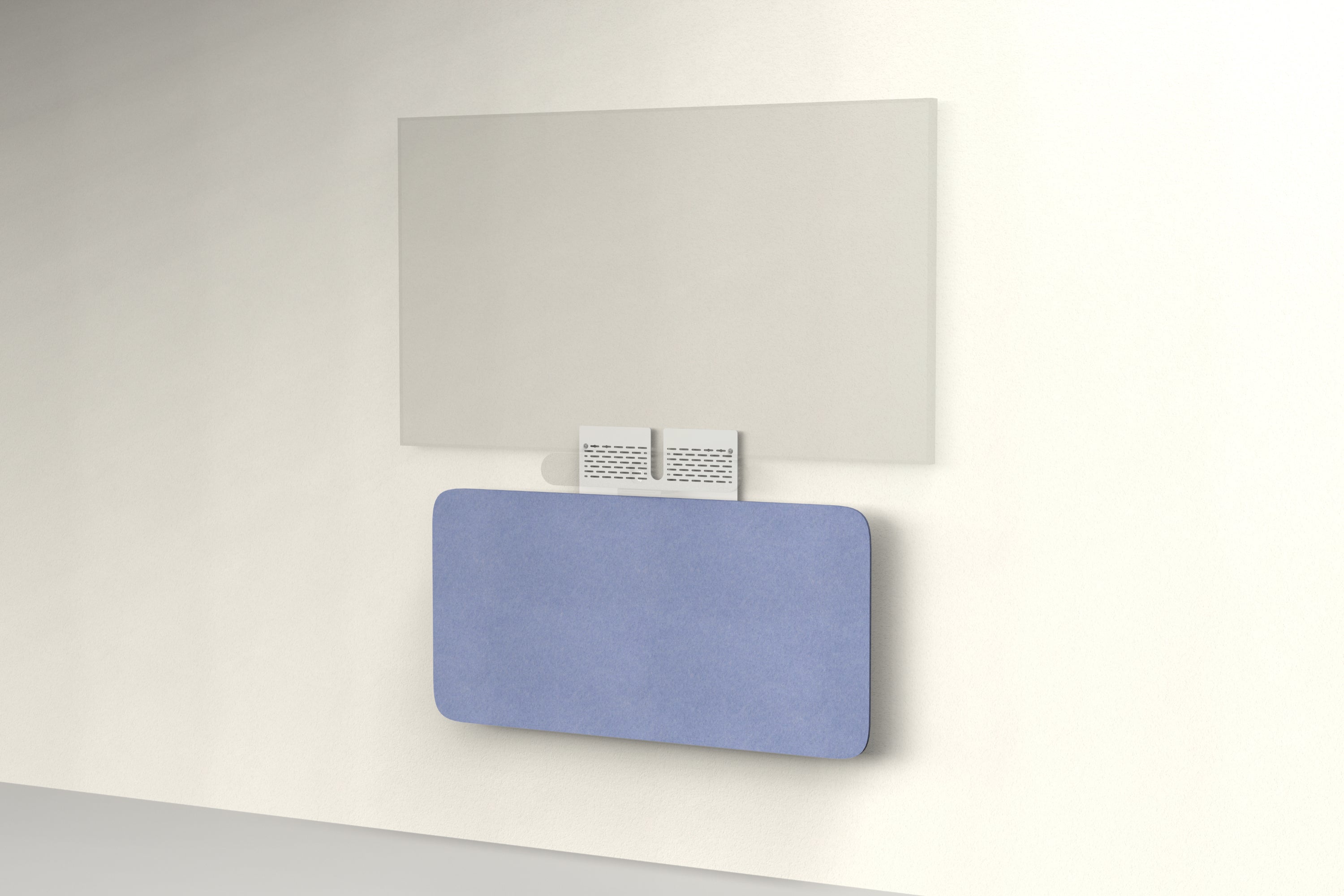 Heckler Credenza Neo in Periwinkle — wall-mounted AV credenza with periwinkle blue acoustic felt panel concealing components below a display.