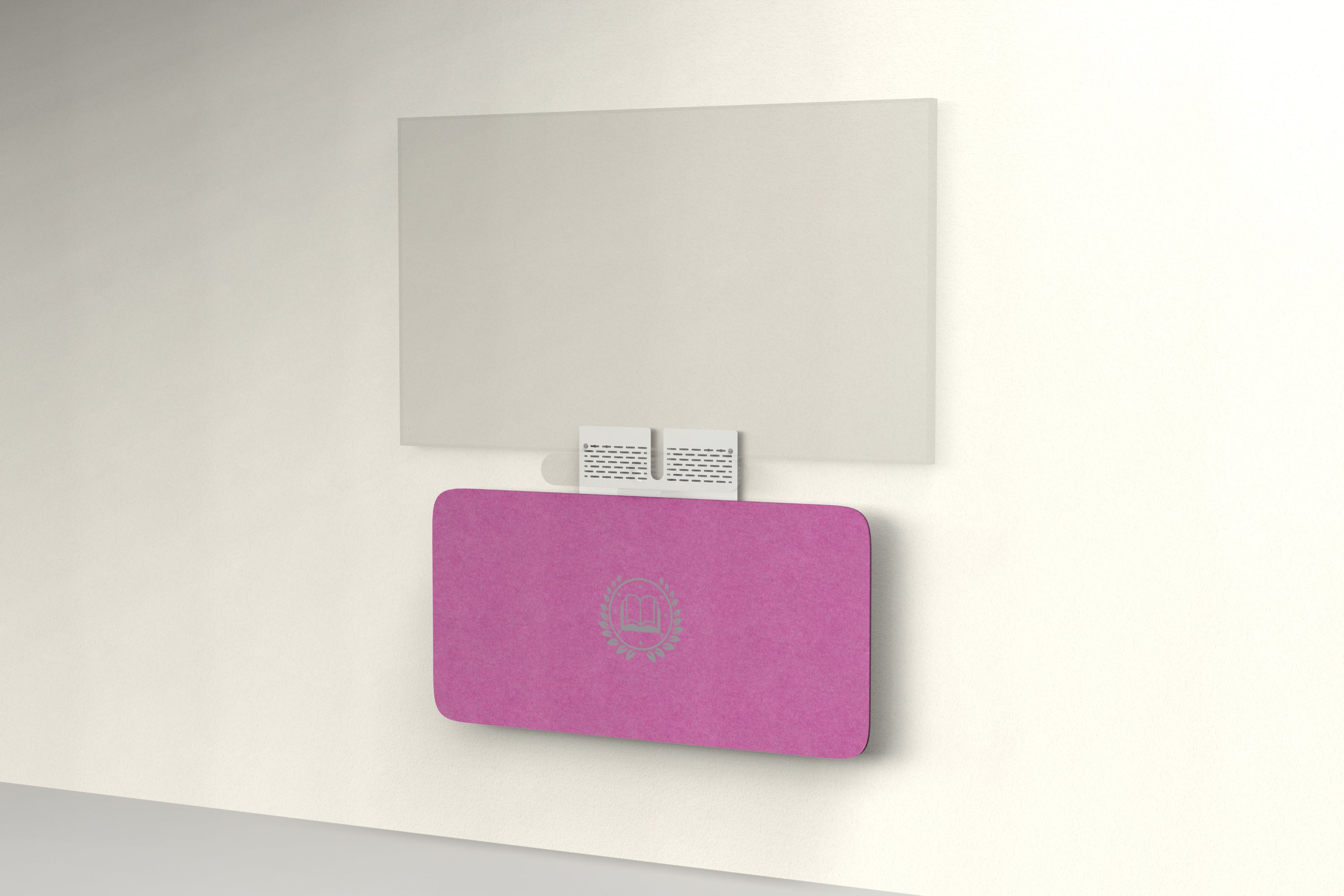Heckler Credenza Neo in Plum with custom logo — wall-mounted AV credenza with branded plum purple acoustic felt panel concealing components below a display.