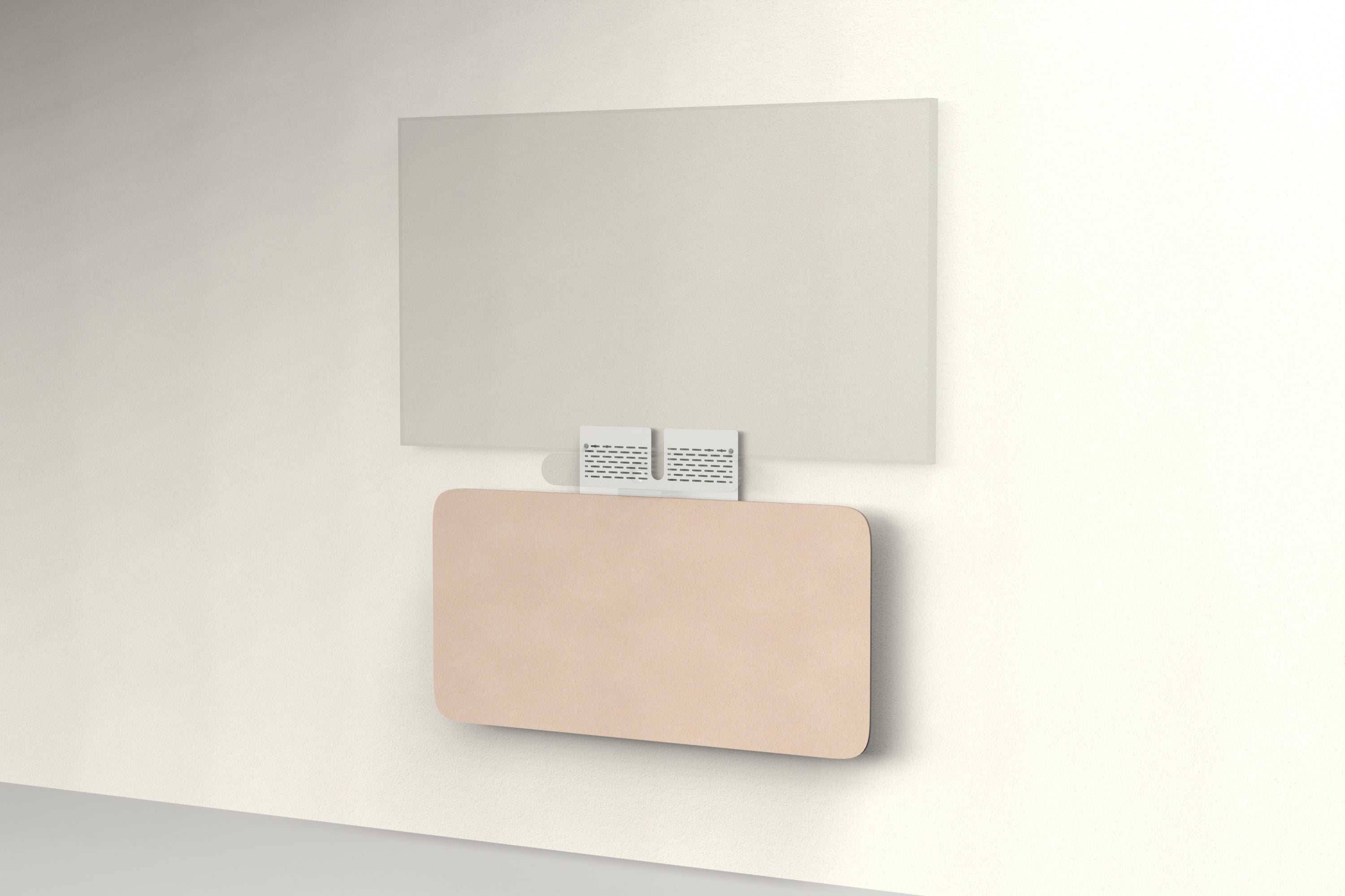 Heckler Credenza Neo in Porcelain — wall-mounted AV credenza with porcelain white acoustic felt panel concealing components below a display.
