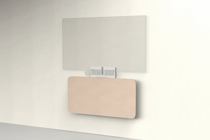 Heckler Credenza Neo in Porcelain — wall-mounted AV credenza with porcelain white acoustic felt panel concealing components below a display.