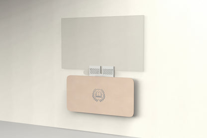 Heckler Credenza Neo in Porcelain with custom logo — wall-mounted AV credenza with branded porcelain white acoustic felt panel concealing components below a display.