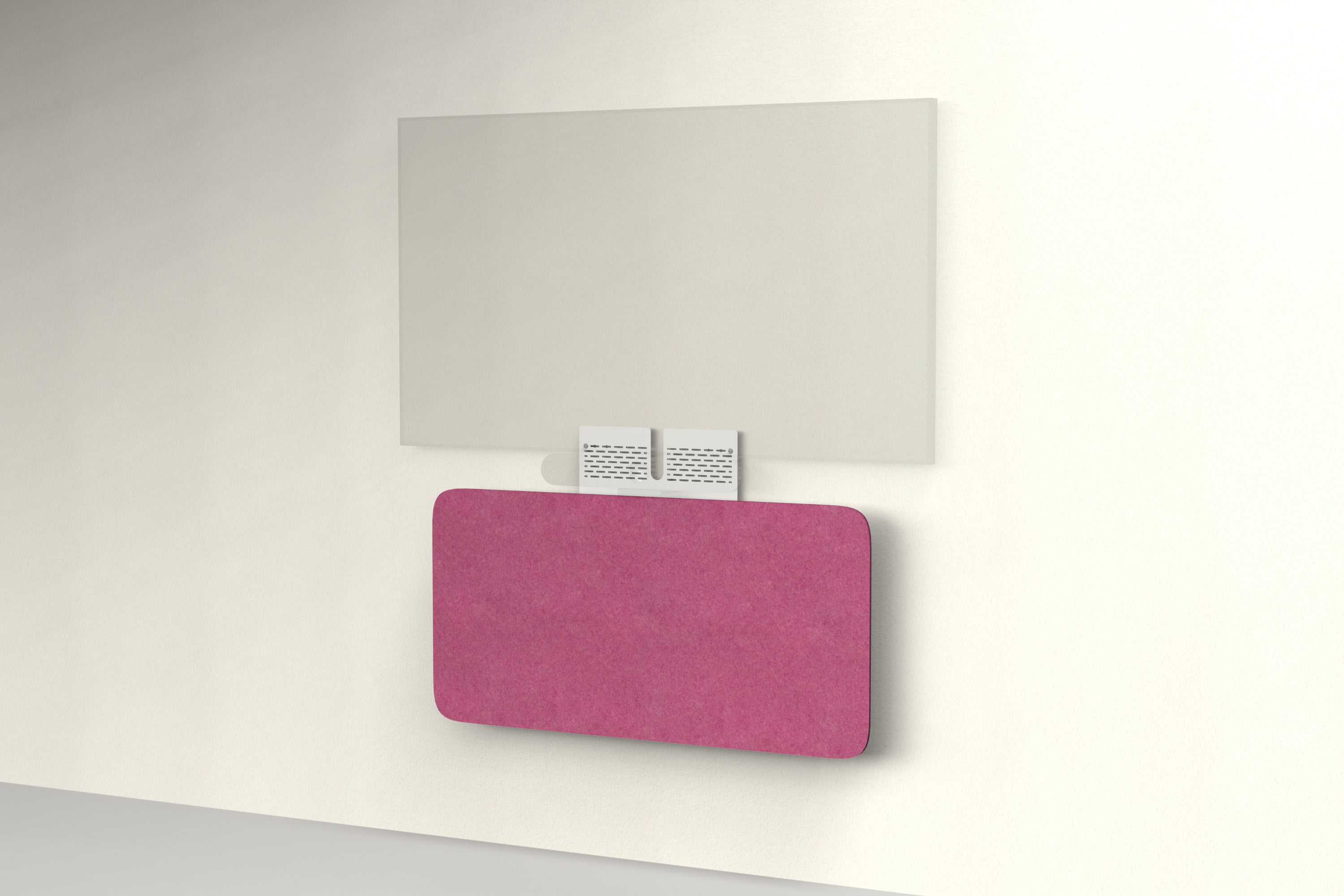 Heckler Credenza Neo in Raspberry — wall-mounted AV credenza with raspberry red acoustic felt panel concealing components below a display.