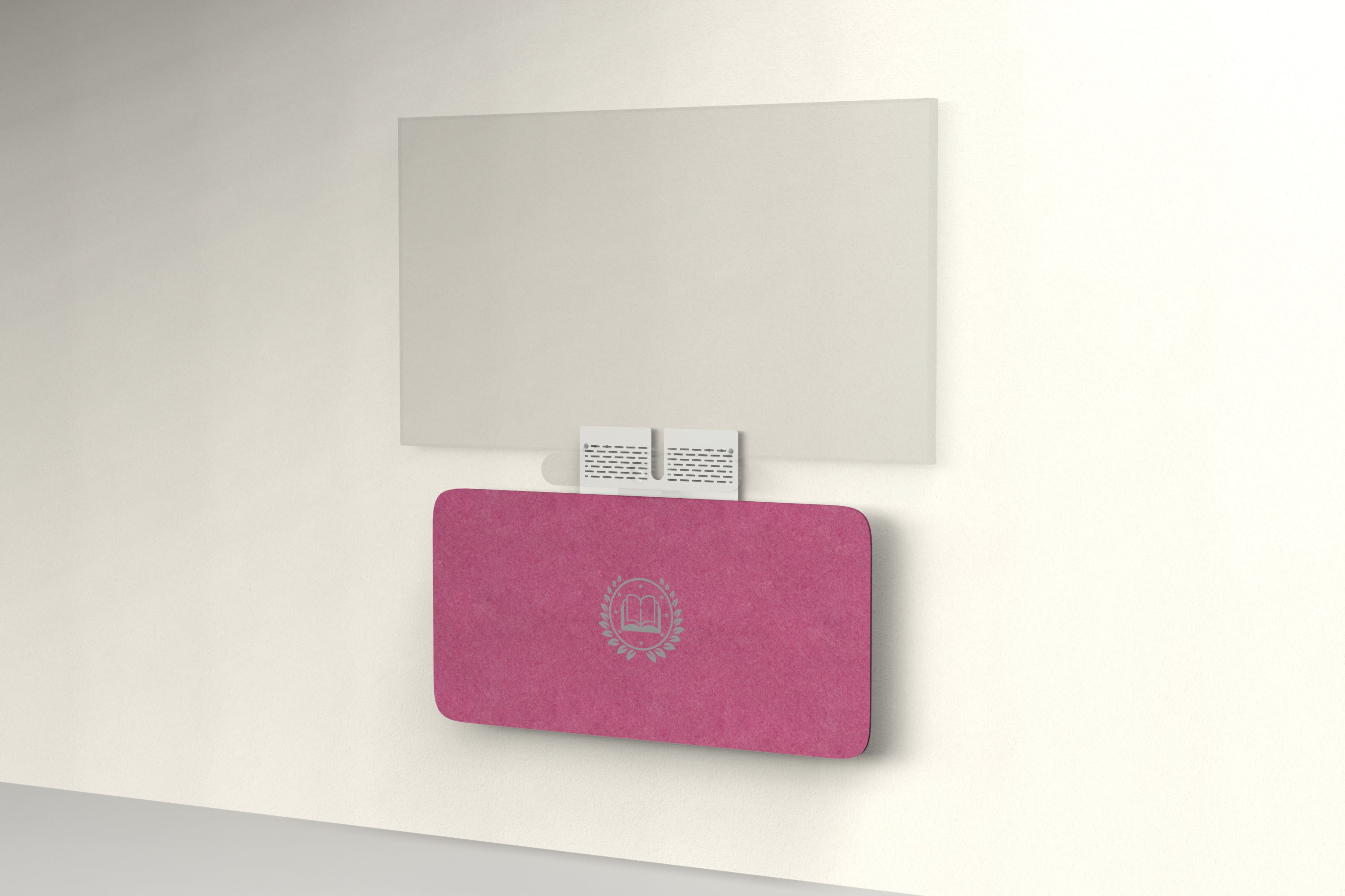 Heckler Credenza Neo in Raspberry with custom logo — wall-mounted AV credenza with branded raspberry red acoustic felt panel concealing components below a display.
