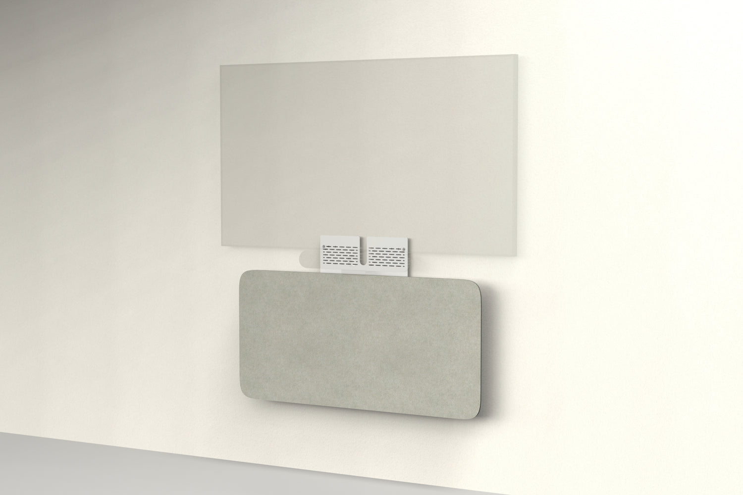 Heckler Credenza Neo in Sage — wall-mounted AV credenza with sage green acoustic felt panel concealing components below a display.