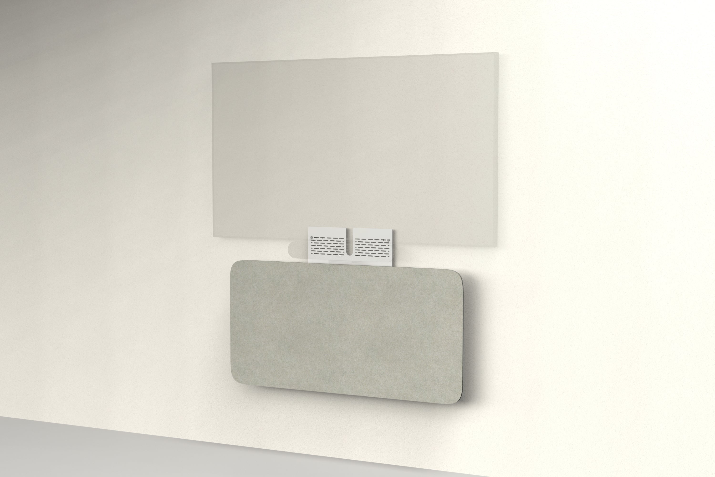 Heckler Credenza Neo in Sage — wall-mounted AV credenza with sage green acoustic felt panel concealing components below a display.