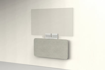 Heckler Credenza Neo in Sage — wall-mounted AV credenza with sage green acoustic felt panel concealing components below a display.