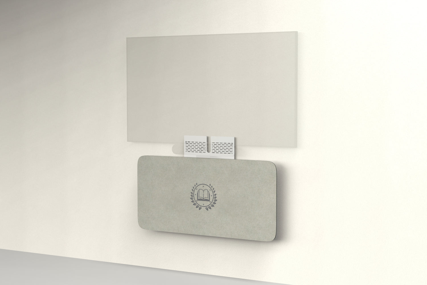 Heckler Credenza Neo in Sage with custom logo — wall-mounted AV credenza with branded sage green acoustic felt panel concealing components below a display.