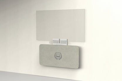 Heckler Credenza Neo in Sage with custom logo — wall-mounted AV credenza with branded sage green acoustic felt panel concealing components below a display.
