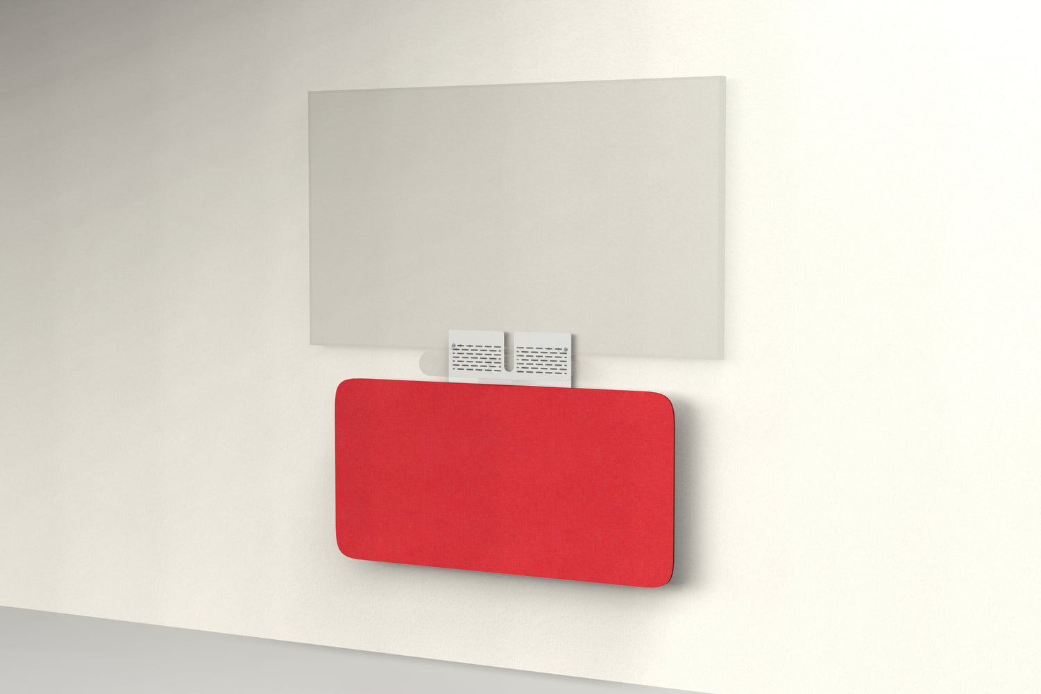 Heckler Credenza Neo in Scarlet — wall-mounted AV credenza with scarlet red acoustic felt panel concealing components below a display.