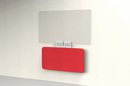 Heckler Credenza Neo in Scarlet — wall-mounted AV credenza with scarlet red acoustic felt panel concealing components below a display.