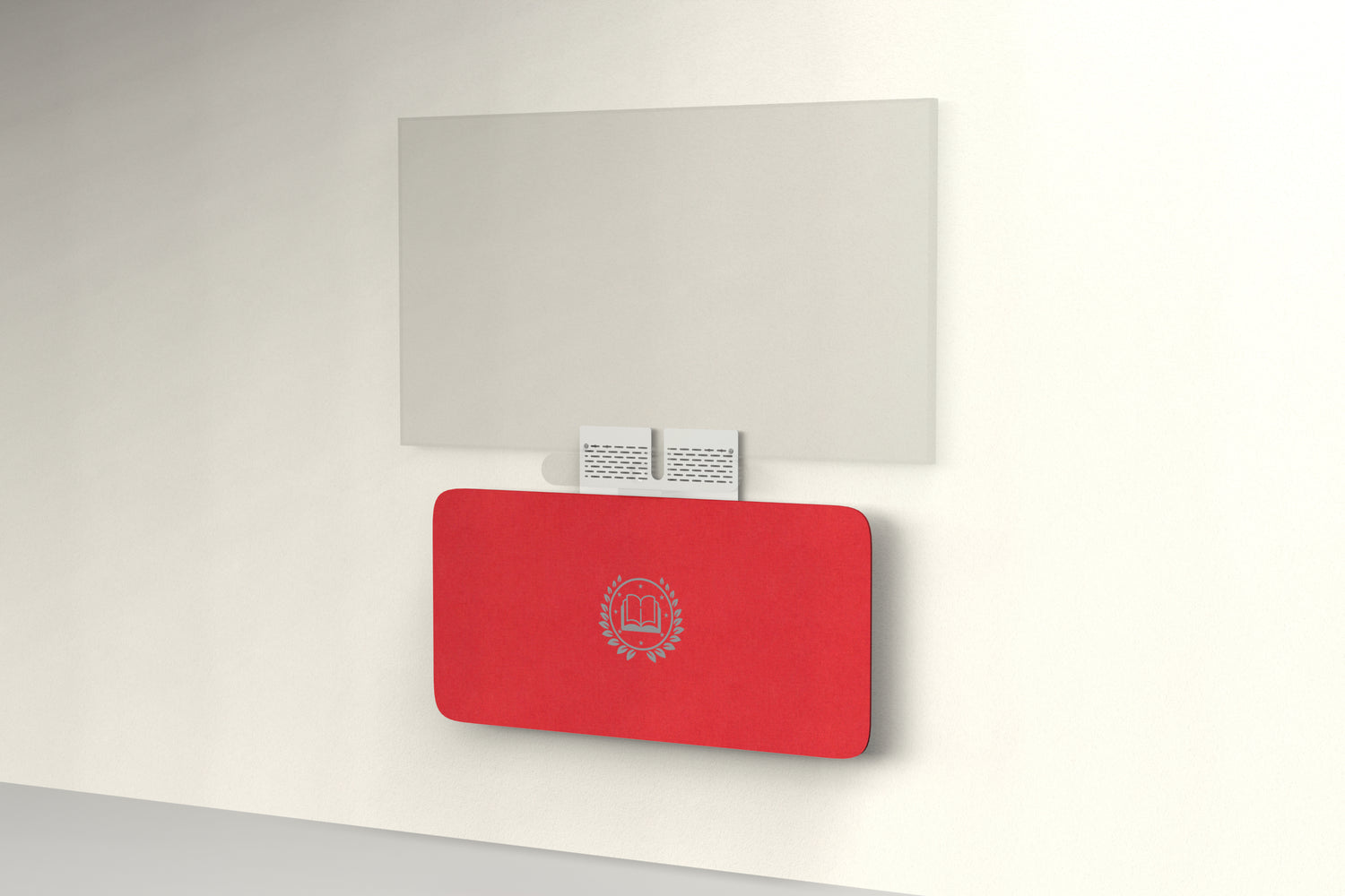 Heckler Credenza Neo in Scarlet with custom logo — wall-mounted AV credenza with branded scarlet red acoustic felt panel concealing components below a display.