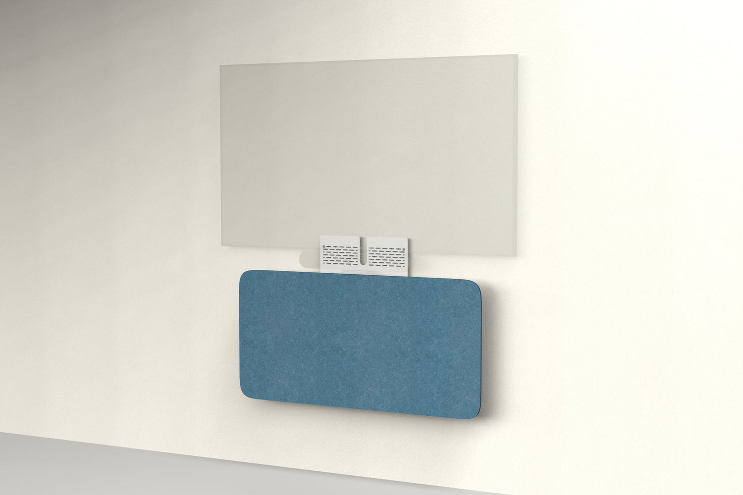 Heckler Credenza Neo in Slate Blue — wall-mounted AV credenza with slate blue acoustic felt panel concealing components below a display.