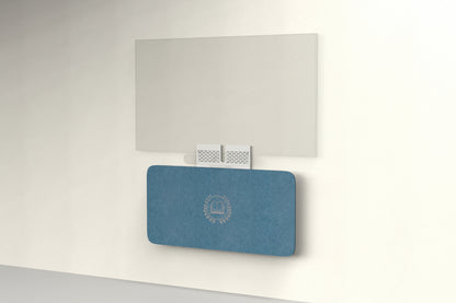 Heckler Credenza Neo in Slate Blue with custom logo — wall-mounted AV credenza with branded slate blue acoustic felt panel concealing components below a display.
