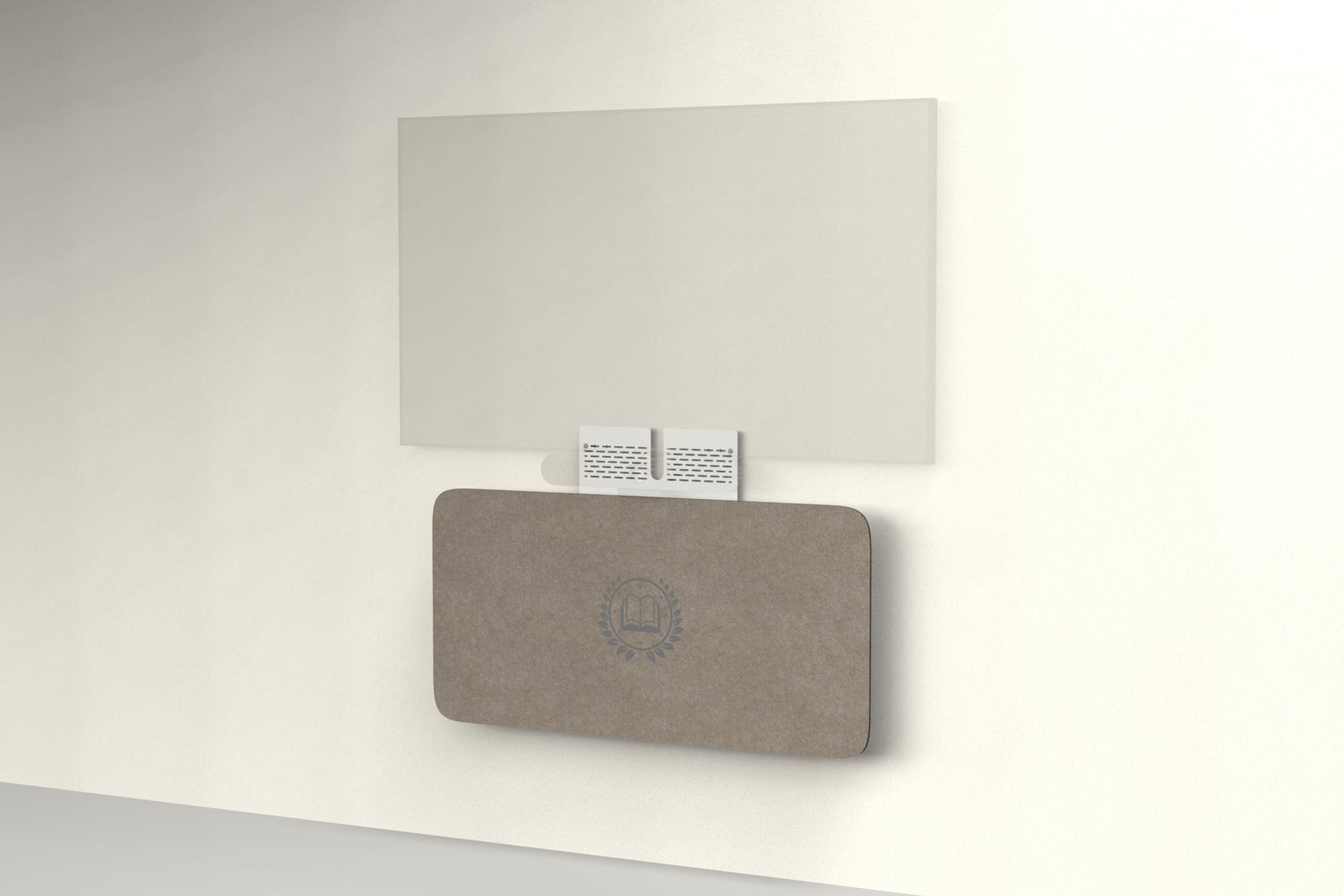 Heckler Credenza Neo in Timber with custom logo — wall-mounted AV credenza with branded timber brown acoustic felt panel concealing components below a display.