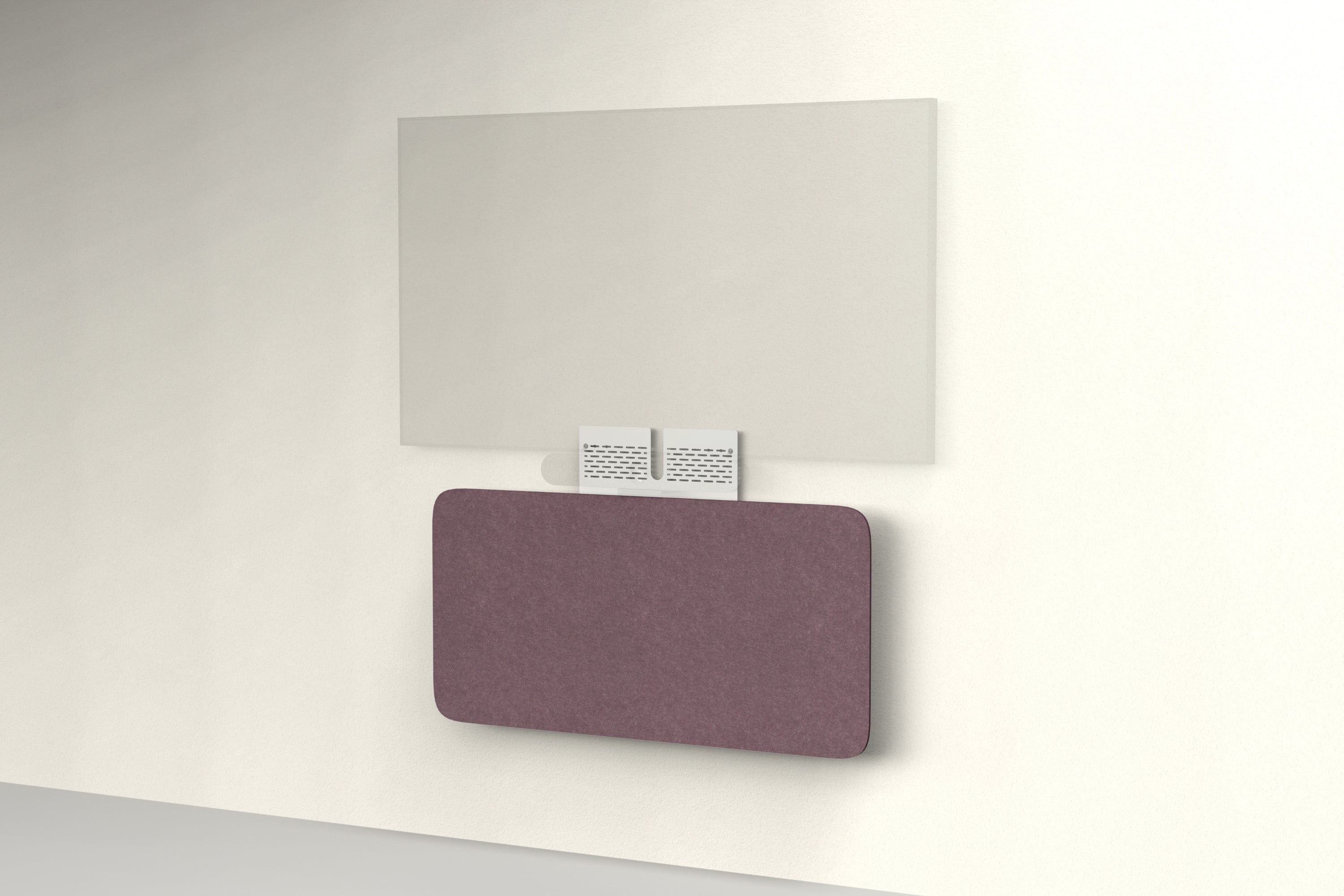 Heckler Credenza Neo in Wine — wall-mounted AV credenza with wine burgundy acoustic felt panel concealing components below a display.