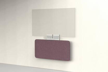 Heckler Credenza Neo in Wine — wall-mounted AV credenza with wine burgundy acoustic felt panel concealing components below a display.