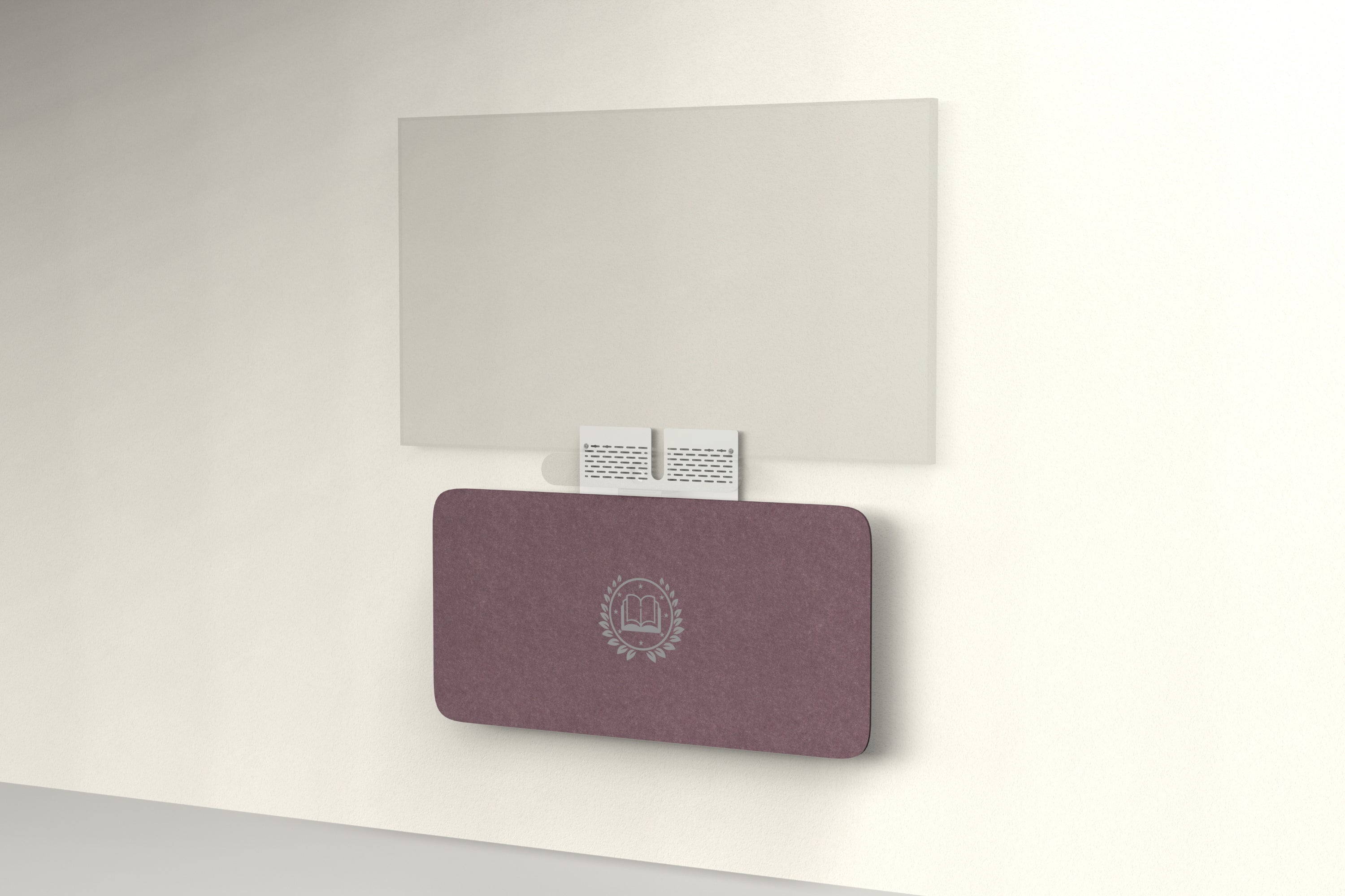 Heckler Credenza Neo in Wine with custom logo — wall-mounted AV credenza with branded wine burgundy acoustic felt panel concealing components below a display.